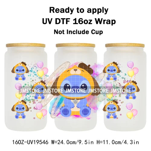Watercolor Cartoon Character In Costumes UV DTF Wraps Ready To Apply Transfer Stickers Waterproof For 16OZ Libbey Glass Can Mugs