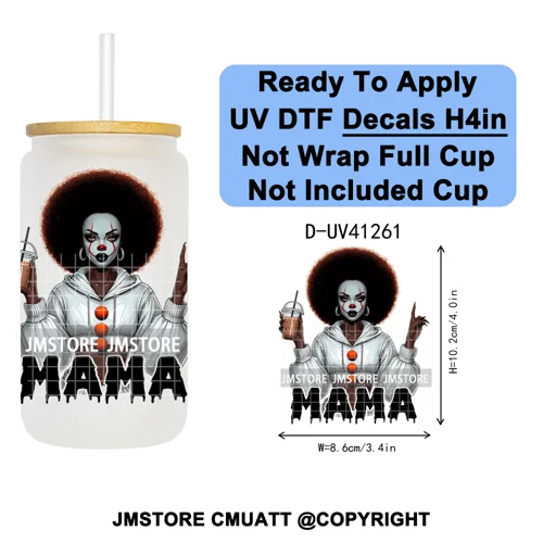 Black Girl Horror Characters Halloween Coffee UV DTF Transfer Sticker Decals Ready To Apply Waterproof For 16OZ Libbey Glass Can