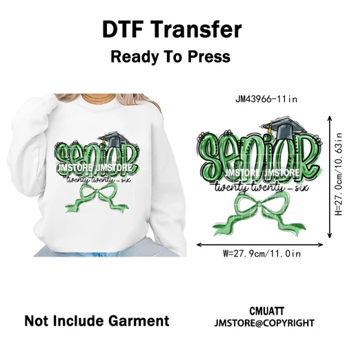 Preppy Coquette Senior 2026 Mega Graduate Cap Varsity Iron on Washable DTF Heat Transfers Stickers Ready to Press for Textiles