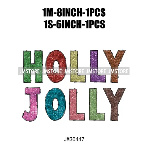 Colorful Holly Jolly Vibes Faux Glitter Christmas Santa Sleigh All Day Iron On DTF Transfers Stickers Ready To Press For Clothes