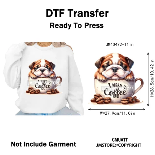 Funny Cartoon Pet Puppy Small Sleeping Cozy Coffee Dogs Lover Iron on DTF Washable Transfers Sticker Ready to Press for Clothing