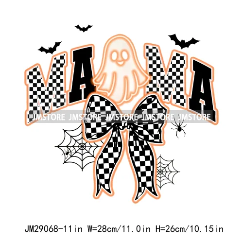 New Spooky Mama Neon Halloween Checkered Girly Coquette Bow Designs Iron On DTF Transfer Stickers Ready To Press For Hoodies