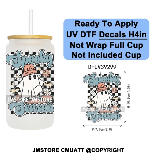Retro Spooky Season Halloween Ghost Boo Gift UV DTF Transfer Stickers Decals Ready To Apply Waterproof For 16OZ Libbey Glass Can
