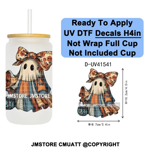 Spooky Highland Cow Halloween Ghosts Pumpkin UV DTF Decals Ready To Apply Waterproof Transfer Stickers For 16OZ Libbey Glass Can