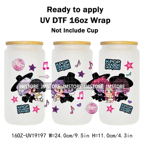 Demon Hunters Inspired Kpop Girls Bands UV DTF Transfer Sticker Durable Cup Tumbler Wrap For 16OZ Libbey Glass Wraps Bottle Mug
