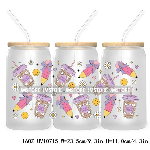 Trendy Coquette Teacher Appreciation Gift UV DTF Cup Wraps Transfers Sticker For 16OZ Libbey Glass Can Soft Girl Coffee Lover