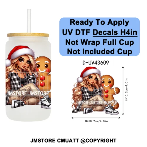 Mexican Girl Christmas Gingerbread UV DTF Cup Decals Ready To Apply Transfer Stickers Durable Custom Labels For Libbey Glass Can
