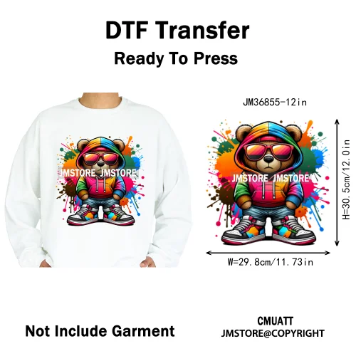 12in Hip Hop Vibes Urban Style Rich Bear With Gold Chains King Animal Iron on DTF Transfers Stickers Ready to Press for Textile