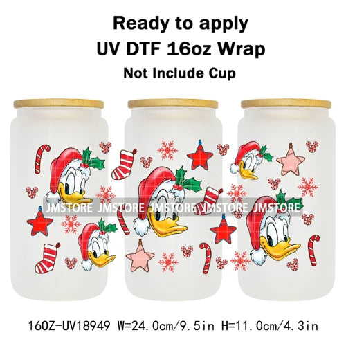 Festive Mouse Christmas Candy Cane 16OZ UV DTF Cup Wraps Ready To Apply Waterproof Transfer Stickers For Libbey Glass Can Bottle