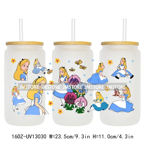Cartoon Princess In Wonderland UV DTF Wraps Transfer Sticker Ready To Apply Waterproof Logo For 16OZ Libbey Glass Can Tumbler