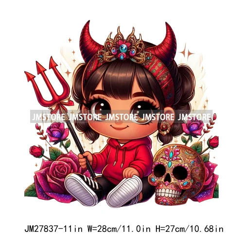 Chibi Cute Halloween Devil Latina Baby Hispanic Girls Skull Red Rose DTF Iron On Transfer Stickers Ready To Press For Sweatshirt