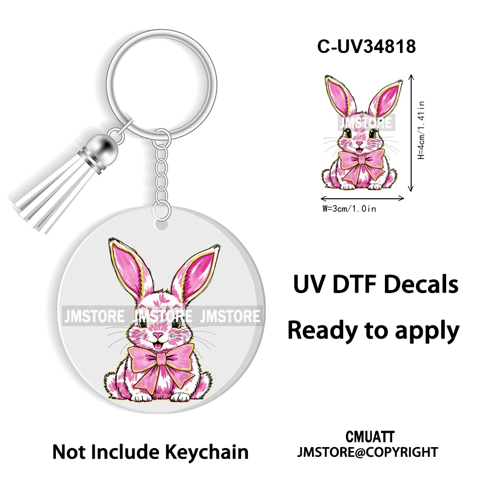 Faux Sequin Glitter Happy Easter Bow Retro Easter Bunny Blowing Bubble UV DTF Stickers for Round Circle Acrylic Keychain Keyring