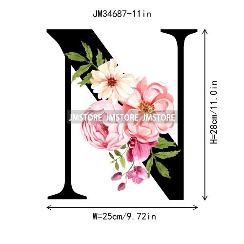 Flower Alphabet Name Monogram Floral Single Letter Illustration Sets Iron On DTF Transfers Stickers Ready To Press For Hoodies