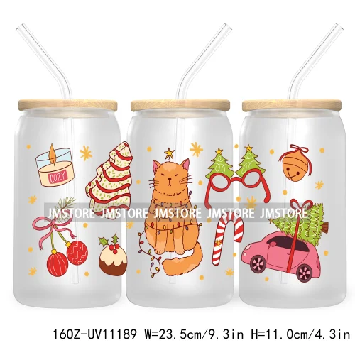 Cute Pet Christmas Dogs Cats With Santa Claus Hat UV DTF Cup Wrap For Libbey Glass Can Transfer Stickers Waterproof Custom Label