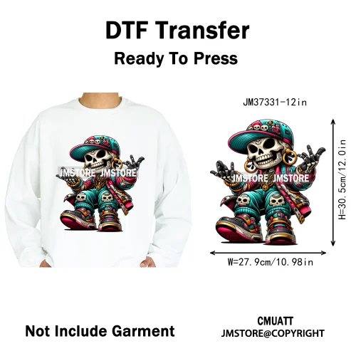 12in Colorful Graffiti Streetwear Skeleton Game Over Iron on DTF Thermal Transfers Stickers Printing Ready to Press for T-shirts