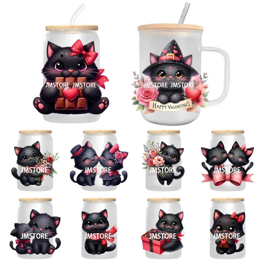 Valentine's Day Black Cat Couple UV DTF Transfer Stickers Decals Ready To Apply Waterproof For 16OZ Libbey Glass Can Cup Tumbler