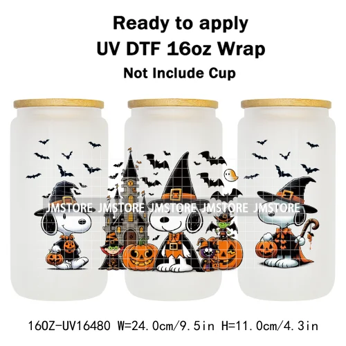 Spooky Ghost Halloween Pumpkin Cartoon Dog 16OZ UV DTF Cup Wraps Ready To Apply Waterproof Transfer Sticker For Libbey Glass Can