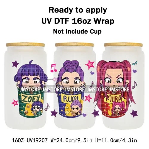 Demon Hunters Inspired Kpop Girls Bands UV DTF Transfer Sticker Durable Cup Tumbler Wrap For 16OZ Libbey Glass Wraps Bottle Mug