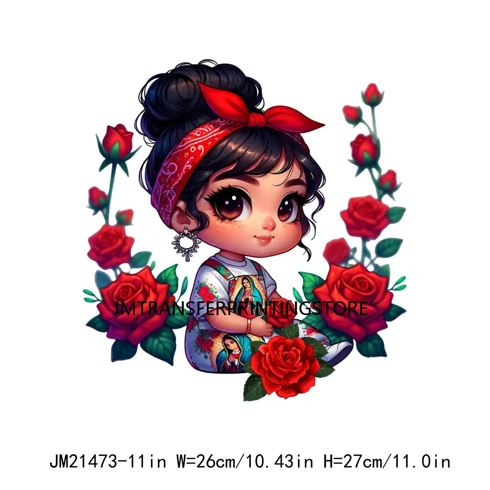 New Chibi Chicana Lovely Bow Rose Baby Girls Latina Princess Iron On DTF Heat Transfer Stickers Ready To Press For Clothing