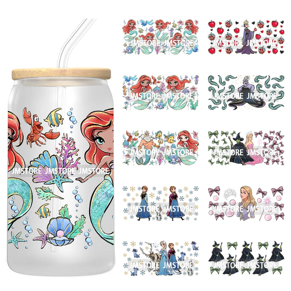 Cartoon Princess Coquette Mermaid 16OZ UV DTF Cup Wraps Ready To Apply Waterproof Transfer Stickers For Libbey Glass Can Tumbler