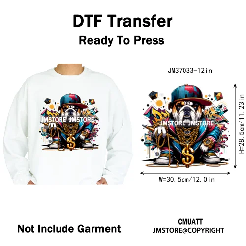 12in Streetwear Vibes Rich Cool Cartoon Bulldog King Designs Washable Iron on DTF Transfers Stickers Ready to Press for Clothes