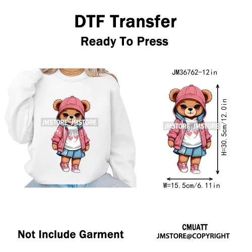 12in Girls Female Teddy Bear Duck Urban Sneakers Animal Washable Iron on DTF Transfers Stickers Ready to Press for T-shirts Bags
