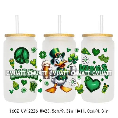 Cartoon Princess Girls St Patricks' Day Lucky Vibes 16OZ UV DTF Cup Transfer Wrap Sticker Waterproof Logos For Libbey Glass Can