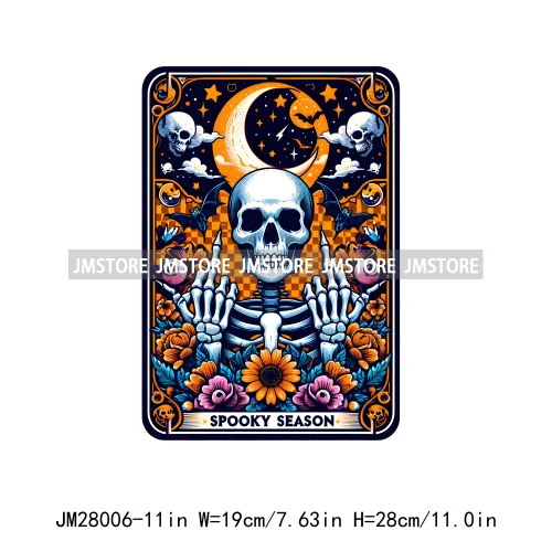 Spooky Halloween Tarot Card Pumpkin Skeleton Ghost Flower Iron On DTF Transfers Stickers Ready To Press For Sweatshirt Bags