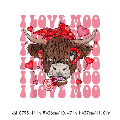 Hot Sale Western Highland Cow Pink Be Mine Heifer Valentine Printing DTF I Love Moo XOXO Heat Transfer Stickers For Hoodies