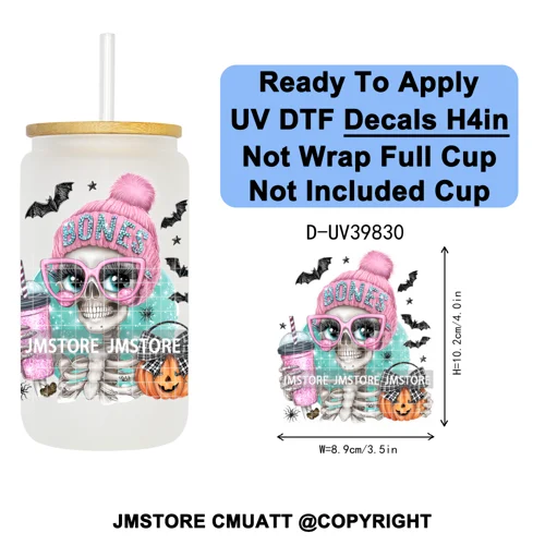 Girly Halloween Ghost Pumpkin Coffee Lover UV DTF Transfer Stickers Decals Ready To Apply Waterproof For 16OZ Libbey Glass Can
