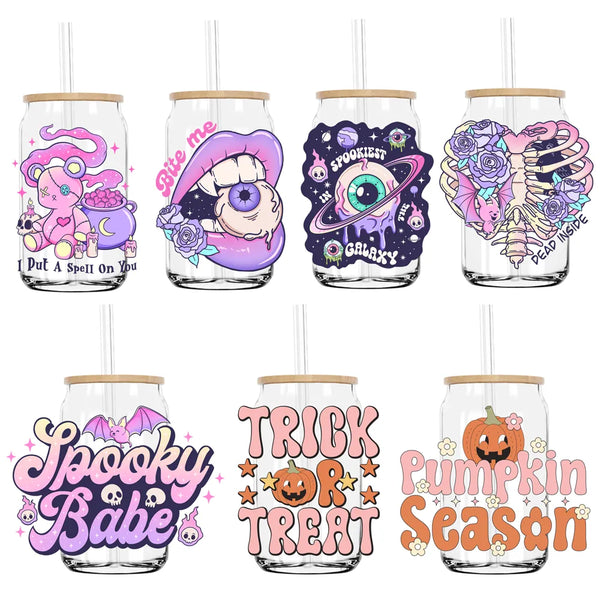 Horror Halloween Skeletion Trick Or Treat UV DTF Transfer Stickers Decals For Libbey Cold Cups Mugs Tumbler Waterproof DIY Craft