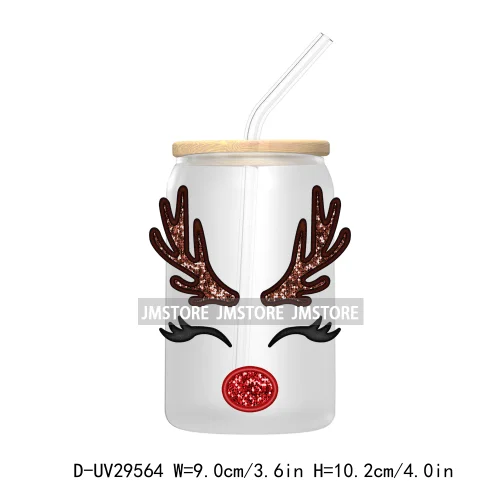 Coquette Bow Faux Glitter Christmas Tree UV DTF Transfer Stickers Decals For Libbey Cold Cups Mugs Tumbler Reindeer Candy Cane