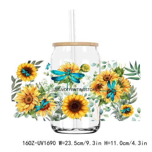 Watercolor Butterfly And Flower 16OZ UV DTF Cup Wrap Transfer Sticker Custom Labels DIY Durable Waterproof Logo For Libbey Glass