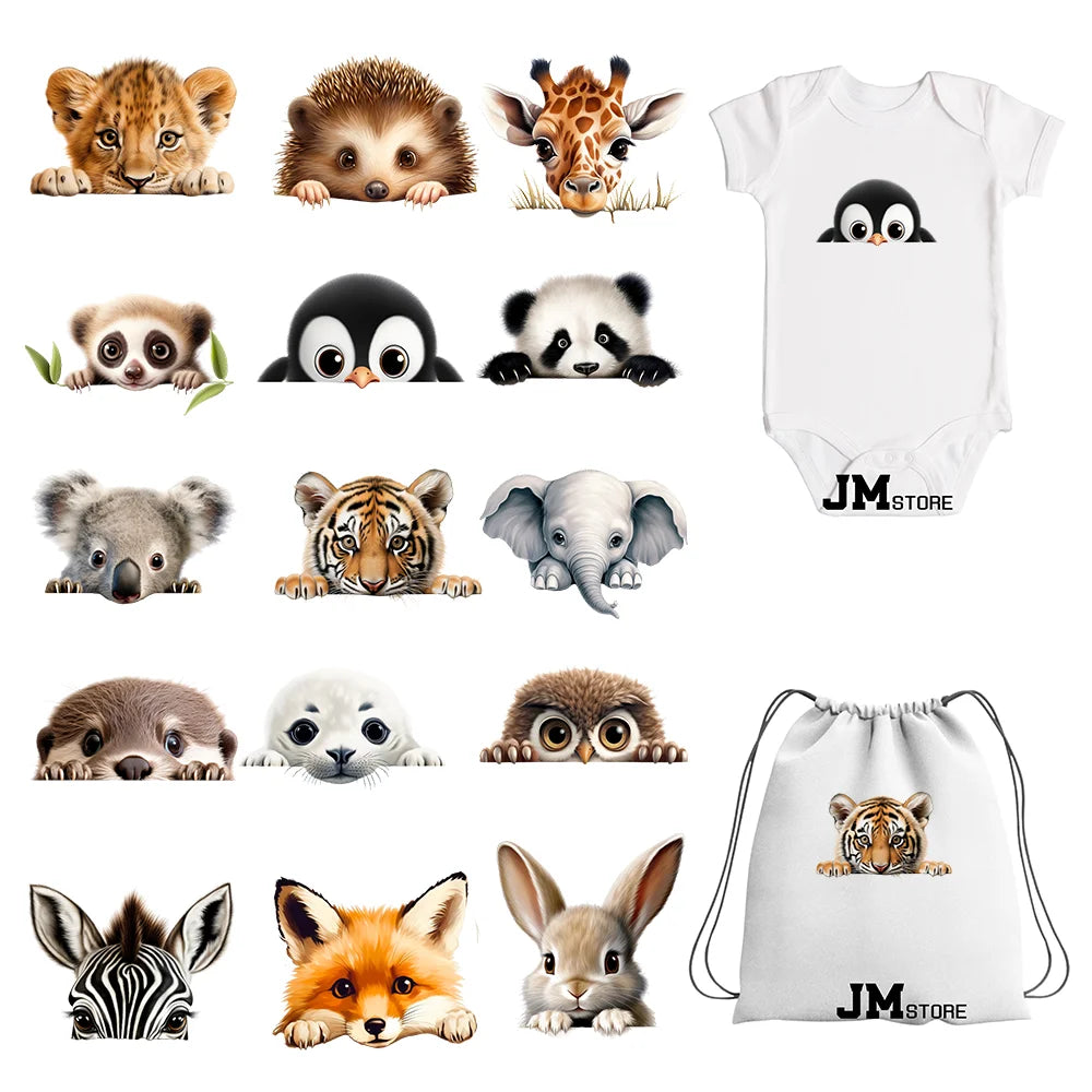 15cm 5.9in Kids Hide-and-seek Animal Iron On Heat Transfer Sticker For Clothes Vinyl Thermal Appliques Washable T-Shirt Decal