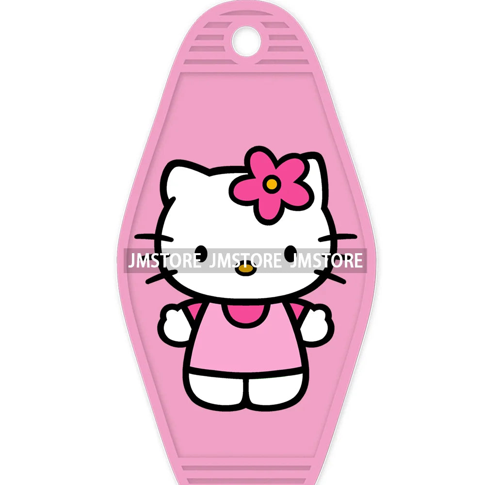 Cute Cartoon Pink Hello Cat With Bow Flower High Quality WaterProof UV DTF Sticker For Motel Hotel Keychain Labels DIY Logo