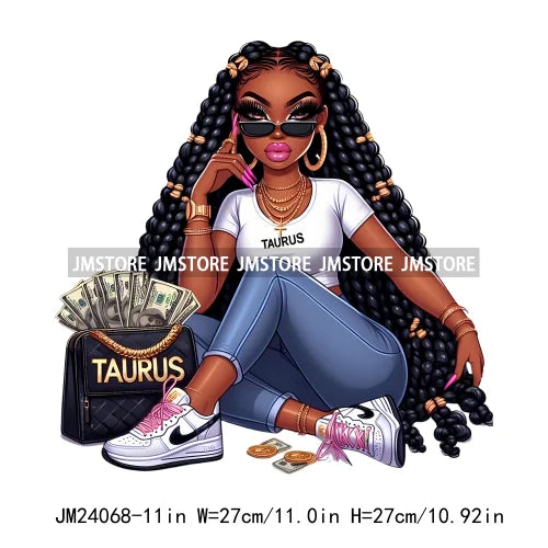 Afro Girl With Purse Money Zodiac Astrology Horoscope Urban Hip Hop Rich Black Melanin Iron On DTF Transfer Stickers For Hoodies