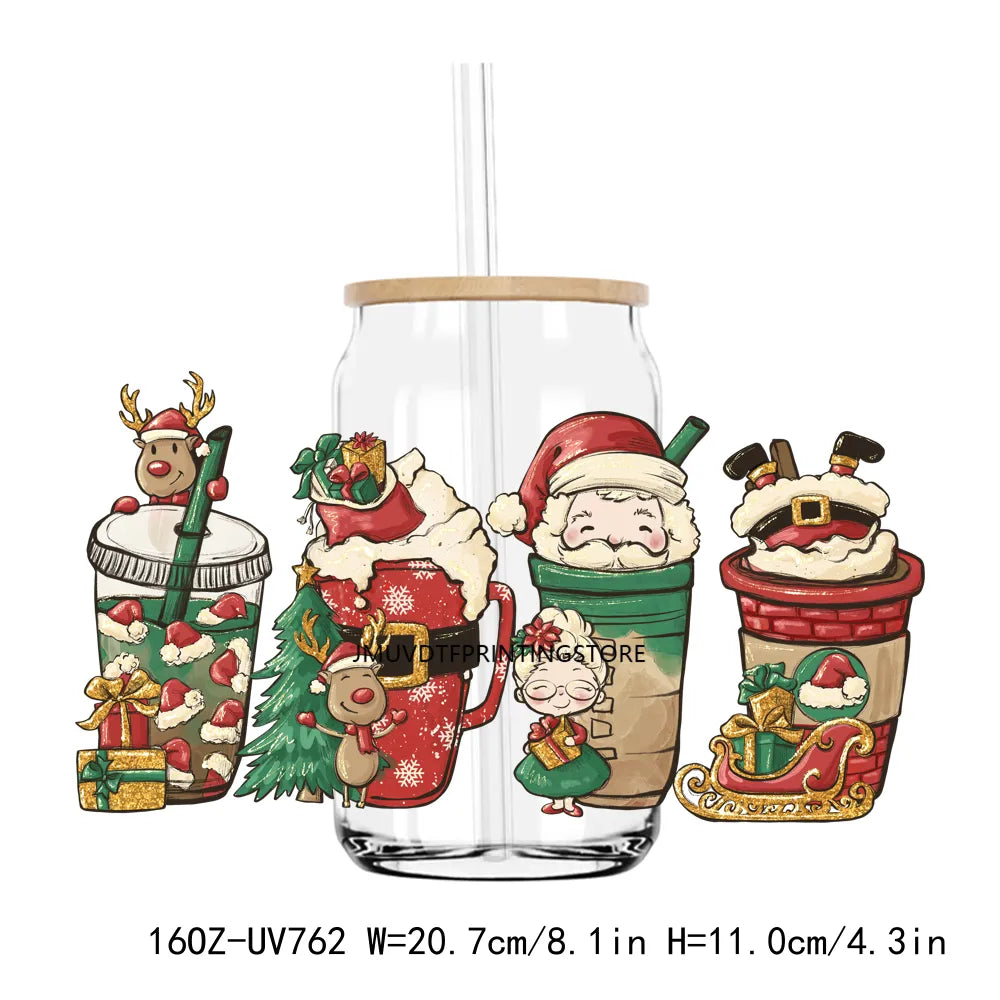 Christmas Coffee Santa 16OZ UV DTF Cup Wrap Transfers Stickers Custom Labels DIY Durable Waterproof Logo For Libbey Glass Can