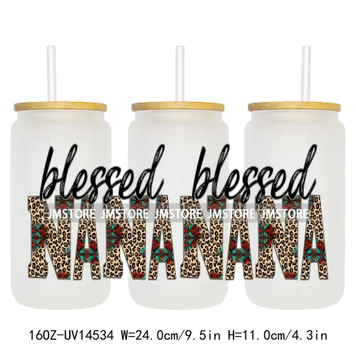 Floral Blessed Mama Leopard Mom 16OZ UV DTF Cup Wraps Ready To Apply Waterproof Transfer Stickers For Libbey Glass Can Tumbler
