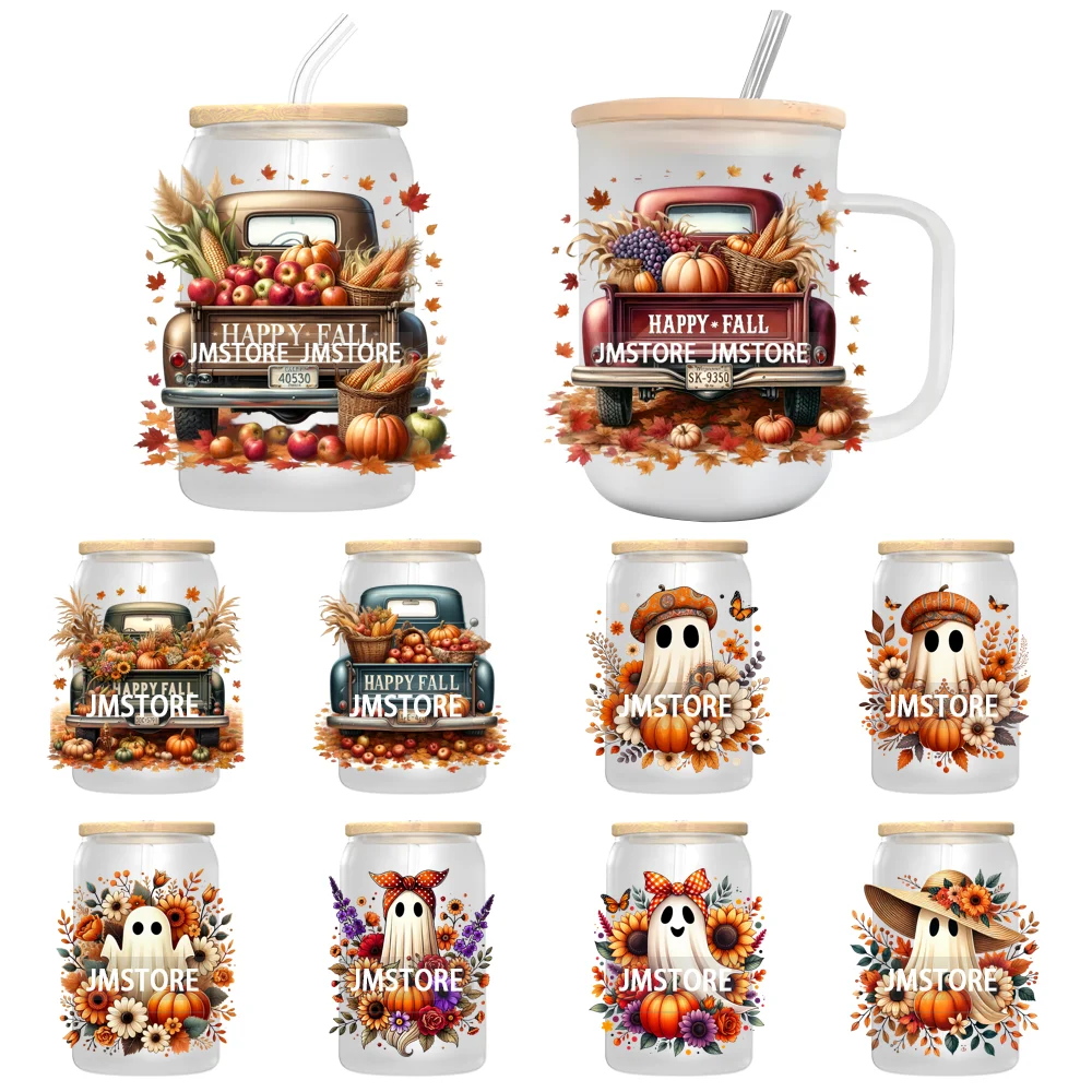 Happy Fall Autumn Pumpkins Season UV DTF Transfer Stickers Decals For Libbey Cold Cups Mugs Tumbler Waterproof Labels Boho Ghost