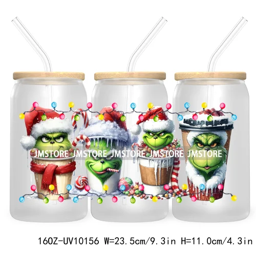 Christmas Coffee Cups Green Guy 16OZ UV Cup Wrap DTF Transfer Stickers For Libbey Glass Can Cup Tumbler Waterproof Label Cartoon