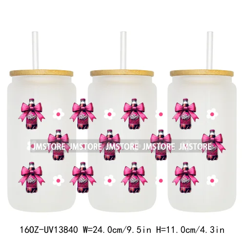Soft Drink Pink Bow Coquette Strawberry UV DTF Wraps Transfer Sticker Selfadhesive Waterproof  For 16OZ Libbey Glass Can Tumbler
