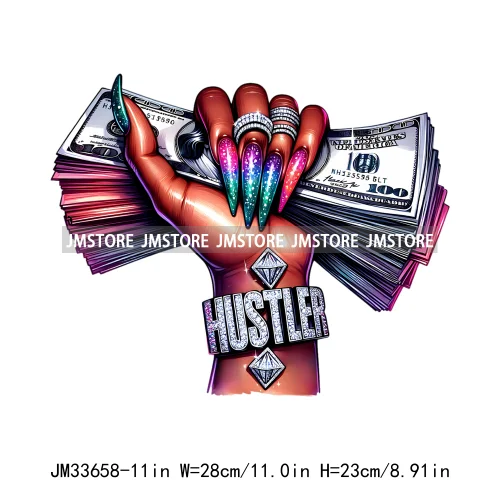 Hustler Hands Fingernails Manicure Money Stack Rich Boss Black Woman Iron On DTF Transfers Stickers Ready To Press For Clothes