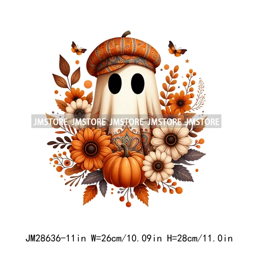 Cute Fall Florals Spooky Ghost Halloween Pumpkins Leaves Autumn  Iron On DTF Transfers Stickers Ready To Press For T-shirts Bags