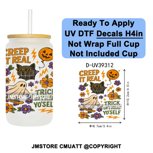Stay Spooky Halloween Horror Pumpkin Coquette UV DTF Decals Ready To Apply Waterproof Transfer Sticker For 16OZ Libbey Glass Can