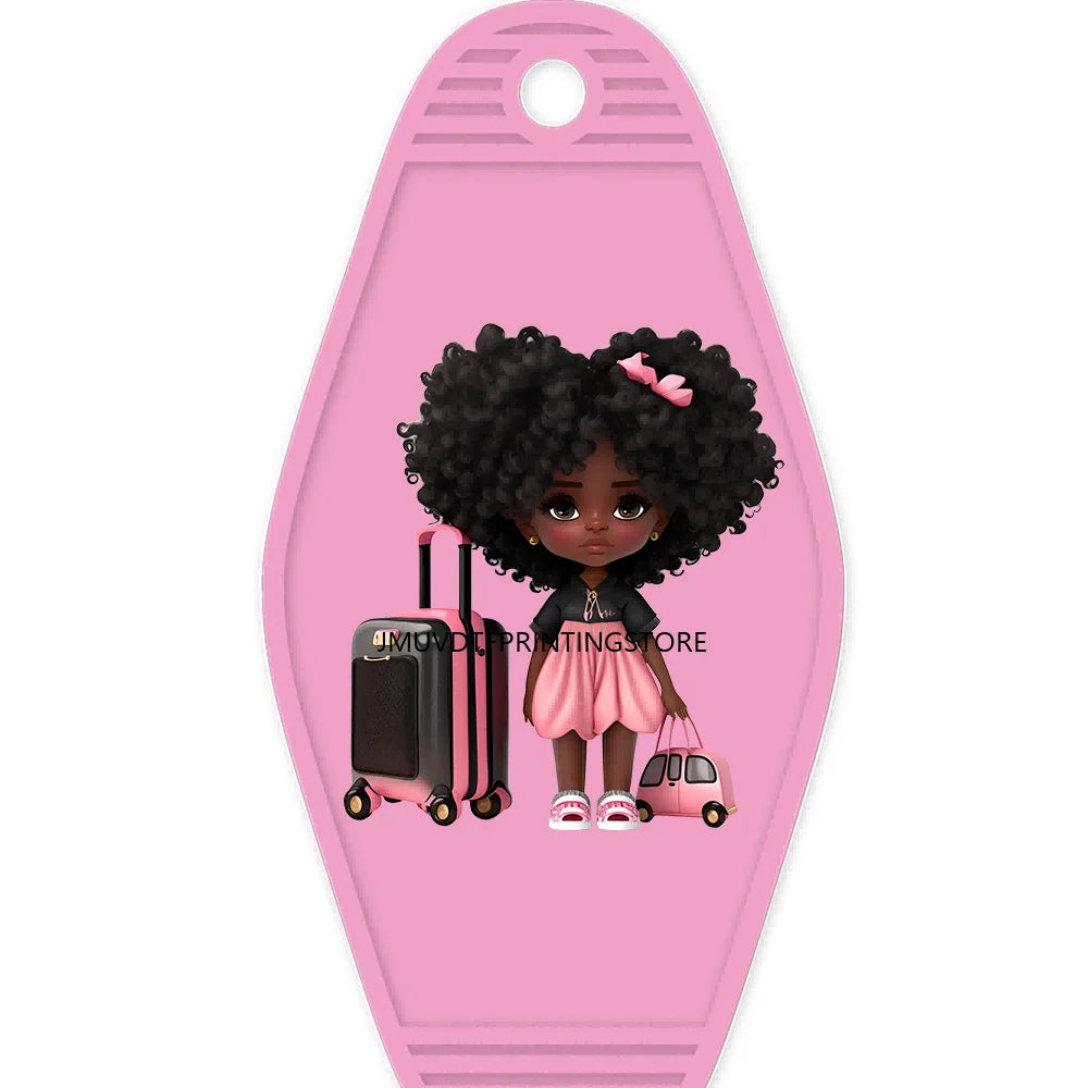 School Melanin Black Girls With Luggage High Quality WaterProof UV DTF Sticker For Motel Hotel Keychain Afro Children