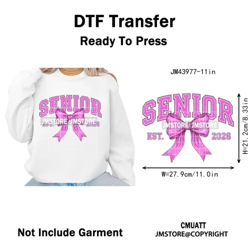 Preppy Coquette Senior 2026 Mega Graduate Cap Varsity Iron on Washable DTF Heat Transfers Stickers Ready to Press for Textiles