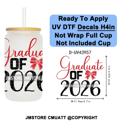 Girly University Graduation 2026 UV DTF Decals Ready To Apply Waterproof Transfer Stickers DIY Crafts For 16OZ Libbey Glass Can