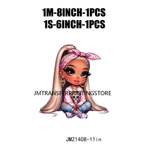 Pink Bow Long Hair Chibi Cute Chicana Doll Girls With Earing Washable Iron On DTF Transfers Stickers Designs For Sweatshirt