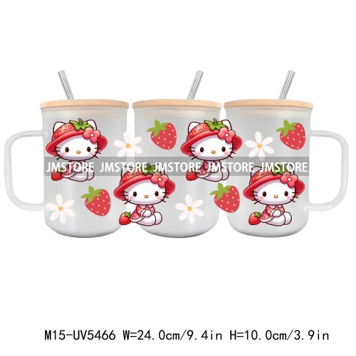 Strawberry Cartoon Hello Cat UV DTF Sticker For 15OZ Mug Libbey Glass Cup Can Wrap Transfer Sticker Custom Labels DIY Logo Cow