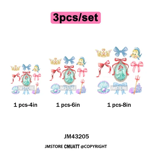 Colorful Girly Coquette Cartoon Princess Family Trip Iron on Washable DTF Heat Transfers Stickers Ready to Press for Clothing